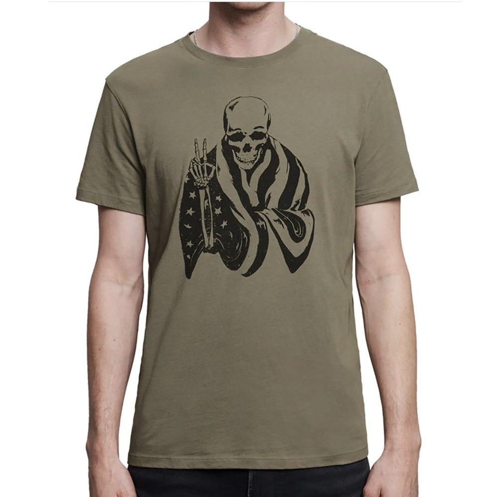 John Varvatos Star USA Mens Size S Wet Sand Flag Skeleton Peace Graphic Tee NWT